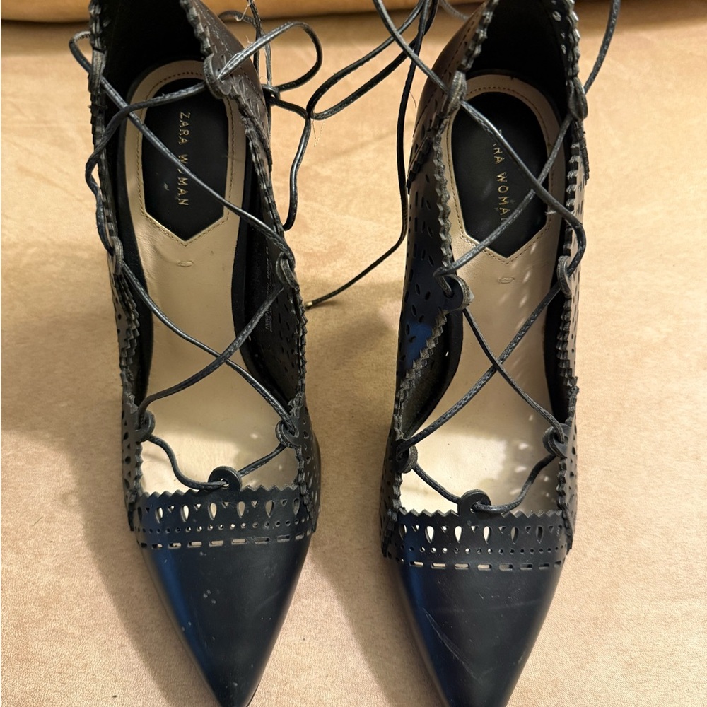 Zara Black Elegant Lace-Up Heels